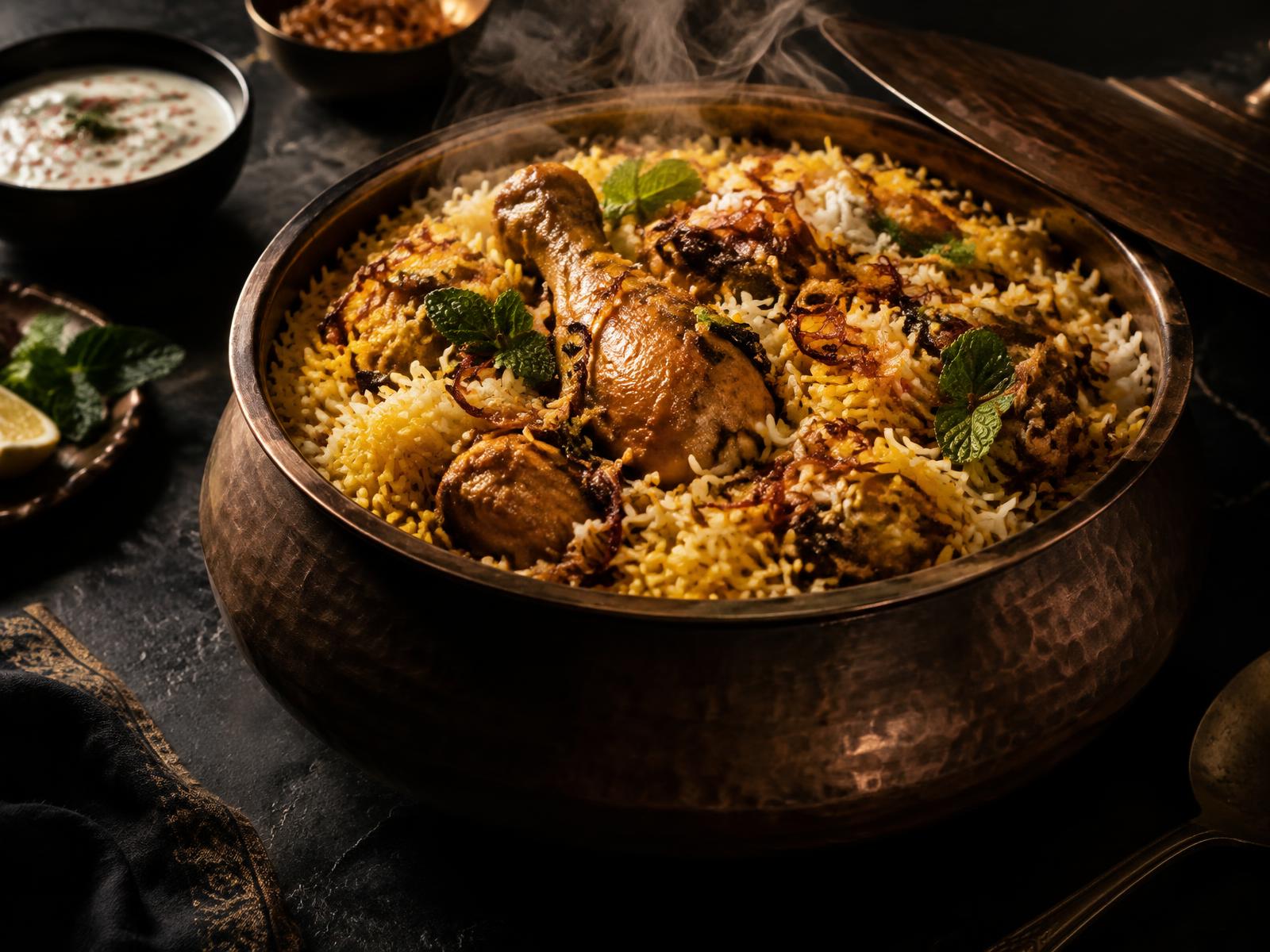 Chicken dum biryani in a copper handi